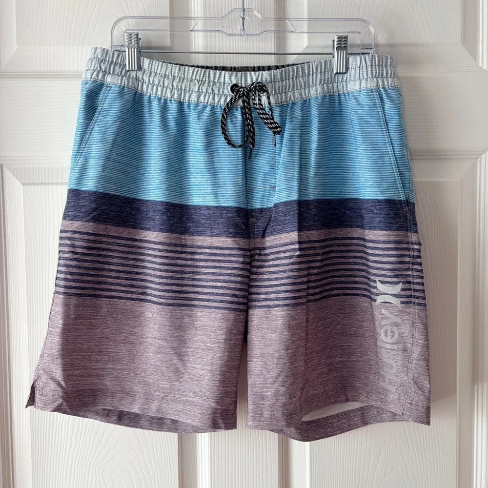 Hurley Mens Board Shorts Blue Grey Striped Swim Trunks Large Elastic Waist